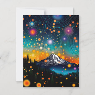 Tarjeta Festiva Monte Rainier w Evening Starry Sky y Wildflowers