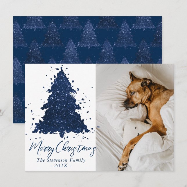 Tarjeta Festiva Moody Merry Christmas | Foto azul de la Marina Clá (Anverso / Reverso)