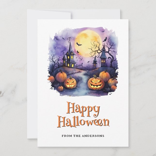 Tarjeta Festiva Moon Bats Pumpkins Happy Halloween Card (Anverso)