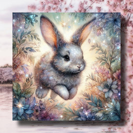 Tarjeta Festiva Morado Blue Watercolor Bunny Purpurina Flower East