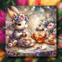 Morado Floral Watercolor Pascua Bunny Tea Fiesta