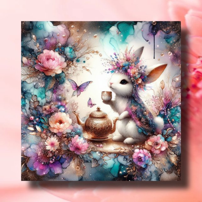 Tarjeta Festiva Morado Verde azulado acuarela Bunny Tea Fiesta Eas (Subido por el creador)