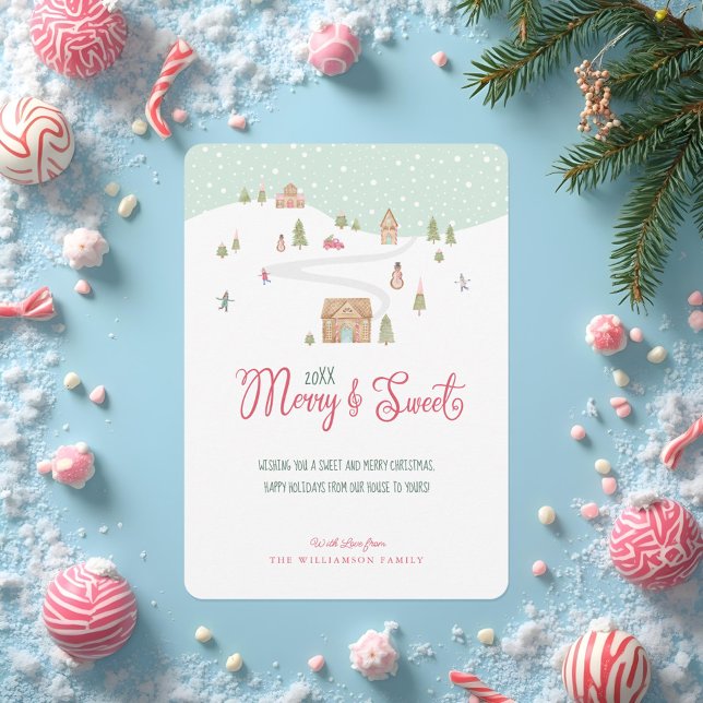 Tarjeta Festiva Morera y dulce acuarela Gingerbread Candy Town (Merry & Sweet Watercolor Gingerbread Candy Town Holiday Card)