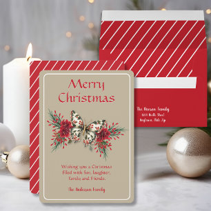 Tarjeta Festiva Morerry Christmas Vintage Butterfly Poinsettia