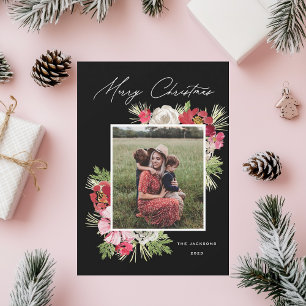 Tarjeta Festiva Morerry Christmas Watercolor Flower Black