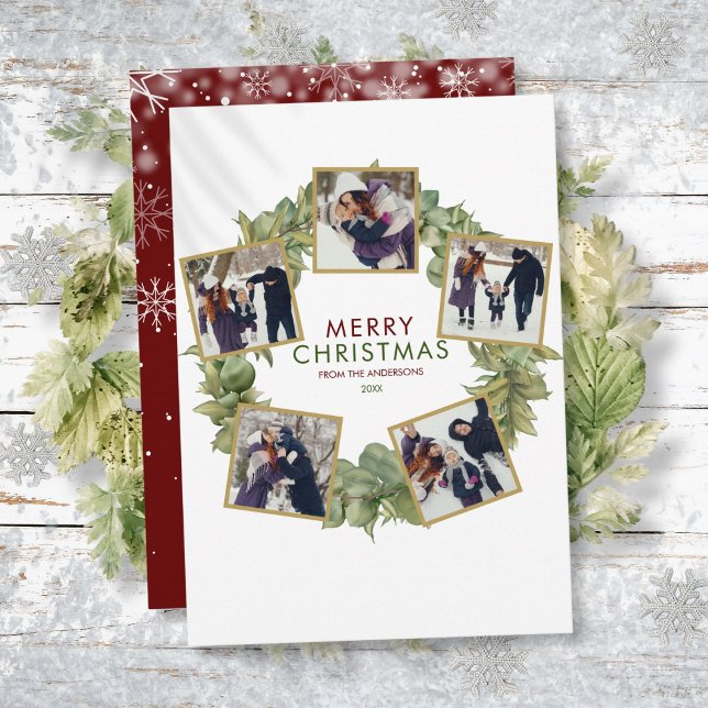 Tarjeta Festiva Morerry Christmas Wreath Burgundy 5 Foto (Merry Christmas Wreath Burgundy 5 Photo Holiday Card)