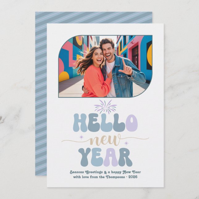 Tarjeta Festiva Morning Chill Hello New Year Blue Retro Photo (Anverso / Reverso)