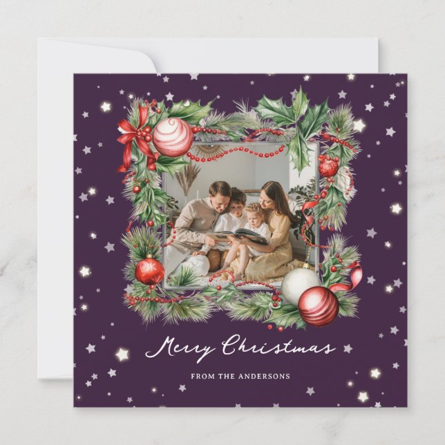 Tarjeta Festiva Morple Starry Wreath Photo Merry Christmas Card (Anverso)