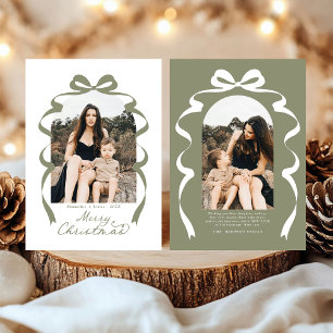 Tarjeta Festiva Moss Green Bow Photo Merry Christmas Arch