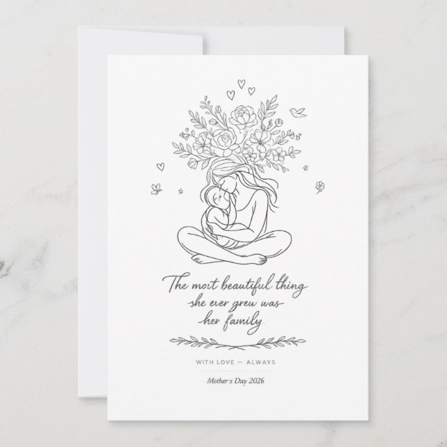 Tarjeta Festiva Mothers Day Botanical Line Art Card Floral Mom  (Anverso)