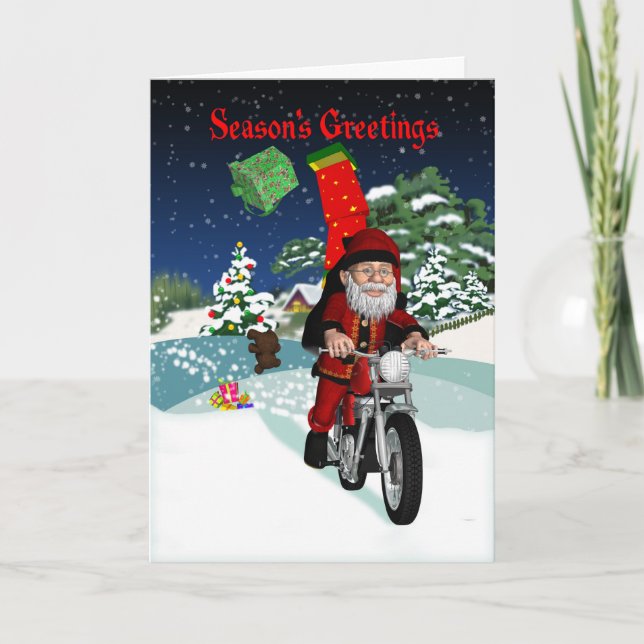 Tarjeta Festiva Motocicleta Santa con regalos voladores y escenas  (Anverso)