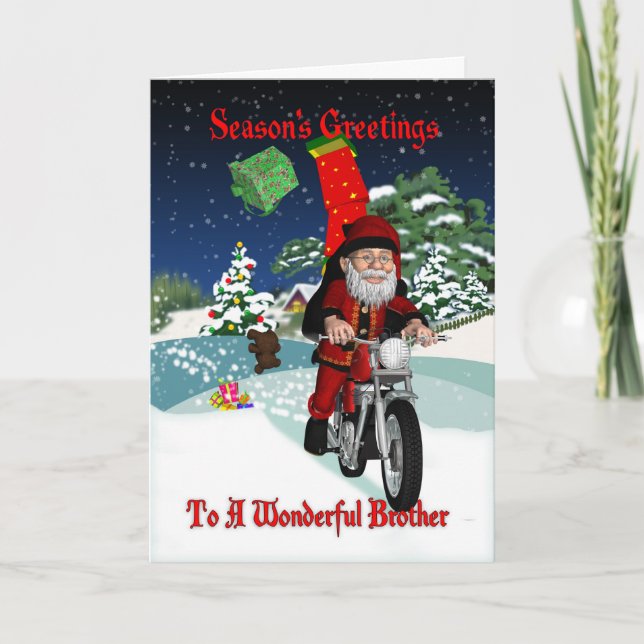 Tarjeta Festiva Motocicleta Santa de Brother con los regalos del (Anverso)