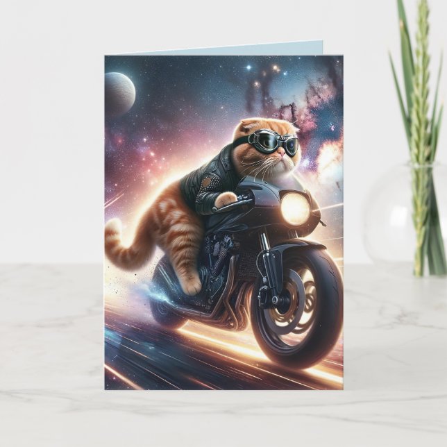Tarjeta Festiva Motorcycle cat Christmas greeting card (Anverso)