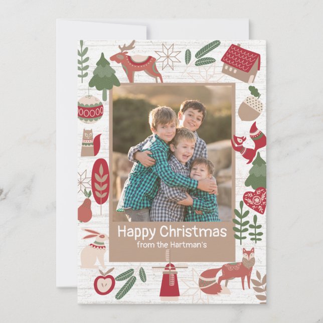 Tarjeta Festiva Mountain Lodge Holiday Folk Art con foto (Anverso)