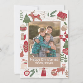 Tarjeta Festiva Mountain Lodge Holiday Folk Art con foto