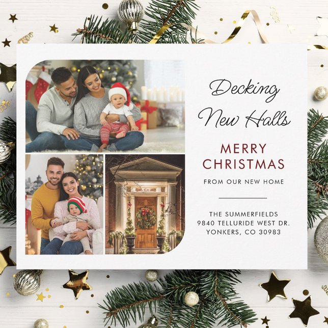 Tarjeta Festiva Moviendo el cambio de dirección Navidades de vacac (Decking New Halls Photo Collage Christmas Moving Announcement)