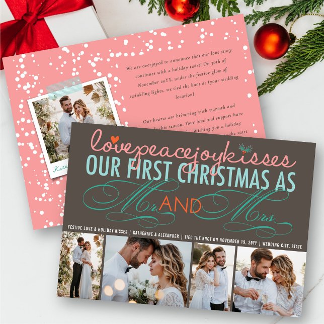 Tarjeta Festiva Mr & Mrs First Christmas 4 Photo Holiday Wedding (Love Peace Joy Kisses - Mr & Mrs First Christmas 4 Photo Holiday Wedding Announcement by fat*fa*tin)