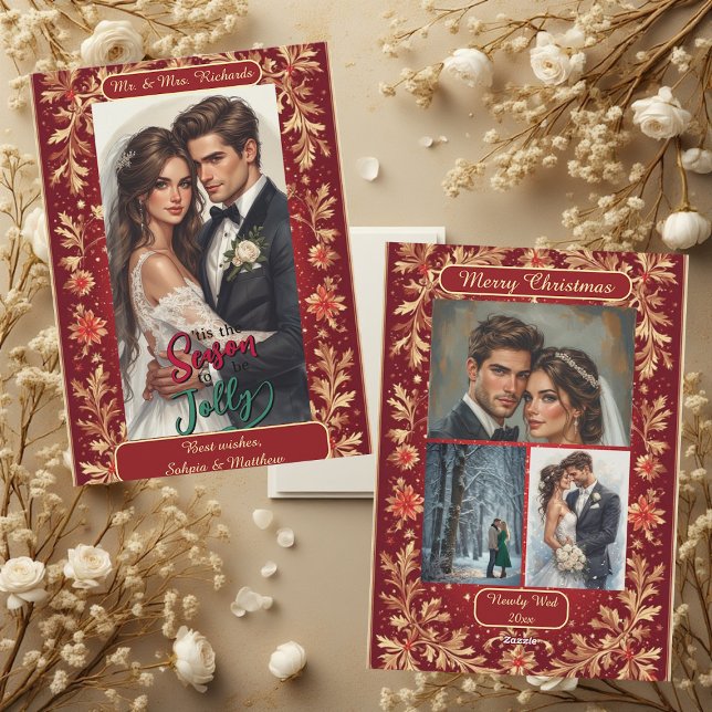 Tarjeta Festiva Mr & Mrs Newly Wed Christmas Gold Foliage 4 Photos (Mr & Mrs Newly Wed Christmas Gold Foliage 4 Photos Holiday Card)