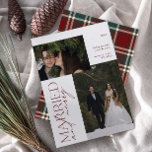 Tarjeta Festiva Mr. y Mrs. Red Green Tartan se casan y se casan co<br><div class="desc">Presentamos nuestra nueva e impresionante tarjeta Minimalista de vacaciones Mr. y Mrs. Red y Green Tartan Married & Merry Photo: un diseño moderno con tipografía elegante y una foto de boda, en blanco y rojo festivo. El frente minimalista se complementa con un cálido, festivo , con un toldo rojo y...</div>