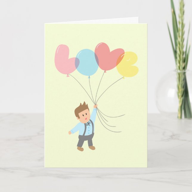 Tarjeta Festiva Muchacho lindo con los globos de la letra que (Anverso)