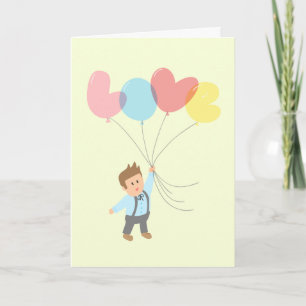 Tarjeta Festiva Muchacho lindo con los globos de la letra que