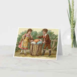 Tarjeta Festiva Muchacho y chica con Pascua Baket por completo de