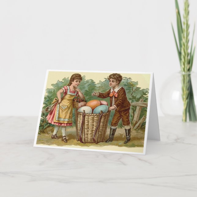 Tarjeta Festiva Muchacho y chica con Pascua Baket por completo de (Anverso)