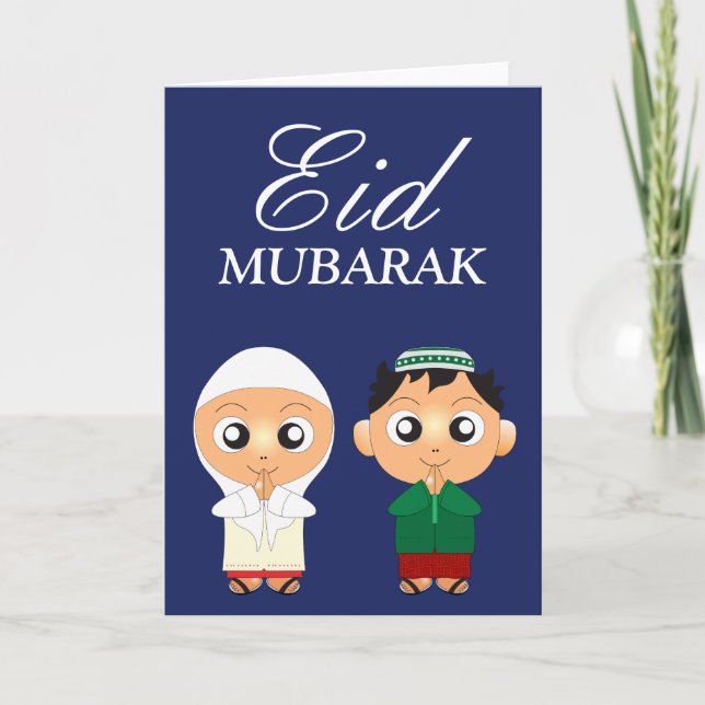 Tarjeta Festiva Muchacho y chica musulmanes lindos Eid Mubarak (Anverso)