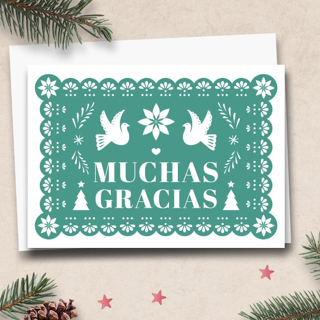 Tarjeta Festiva Muchas gracias Papel Picado Navidades (Muchas Gracias Papel Picado Christmas Thank You Holiday Card by Fiesta Valley Print)
