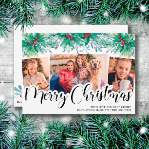 Tarjeta Festiva Muérdago de acebo 3 Foto Merry Christmas Script