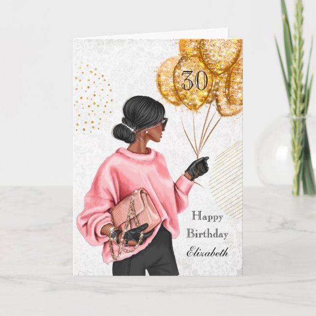 Tarjeta Festiva Mujer afroamericana con globos Cumpleaños (Anverso)