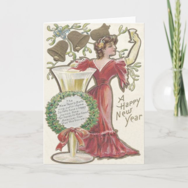 Tarjeta Festiva Mujer Champagne Flute Bell Holly Wreath Mistletoe (Anverso)