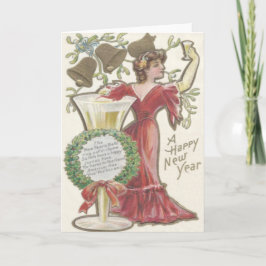 Tarjeta Festiva Mujer Champagne Flute Bell Holly Wreath Mistletoe