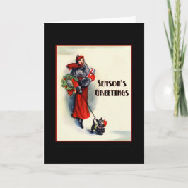 Tarjeta Festiva Mujer comprando abrigo rojo con Scottish Terrier