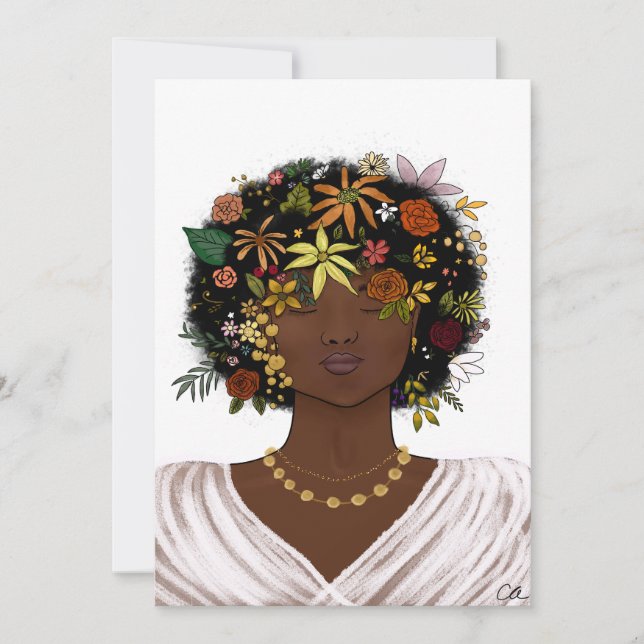 Tarjeta Festiva Mujer con afro florido (Anverso)