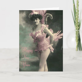 Tarjeta Festiva Mujer con traje de pájaro rosado Año Nuevo