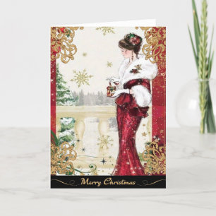 Tarjeta Festiva Mujer de época de 1920 con vestido de invierno roj