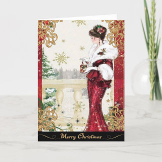Tarjeta Festiva Mujer de época de 1920 con vestido de invierno roj