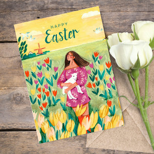 Tarjeta Festiva Mujer de Pascua y flores