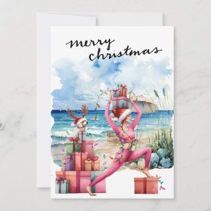 Tarjeta Festiva Mujer de yoga con regalo en la temática de los Nav