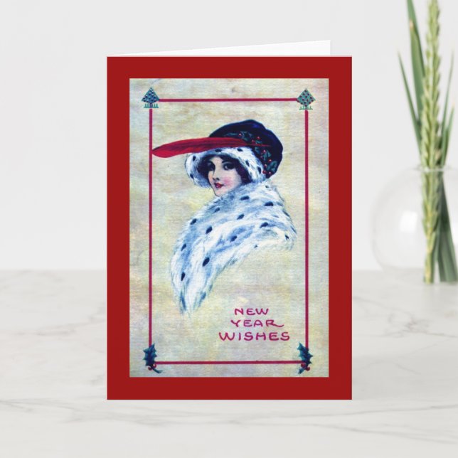 Tarjeta Festiva Mujer Elegante, añoranza de Año Nuevo 1915 (Anverso)