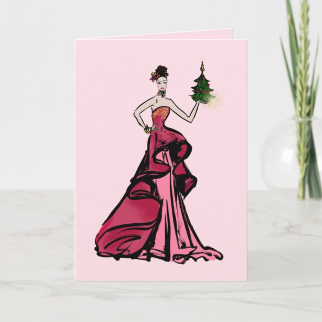 Tarjeta Festiva Mujer elegante en rojo (Anverso)