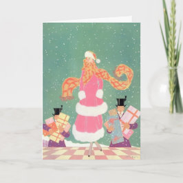 Tarjeta Festiva Mujer en rosa con hombres llevando regalos de 1914