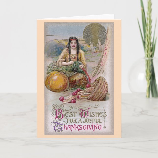Tarjeta Festiva Mujer india con Día de Acción de Gracias añejo en  (Anverso)