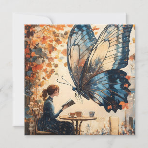Tarjeta Festiva Mujer leyendo con arte abstracto de mariposa gigan