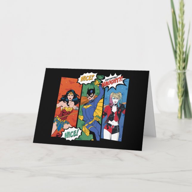 Tarjeta Festiva Mujer Maravilla, Batgirl, y Harley Quinn de vacaci (Anverso)