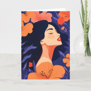 Tarjeta Festiva Mujer Naranja Púrpura Flor
