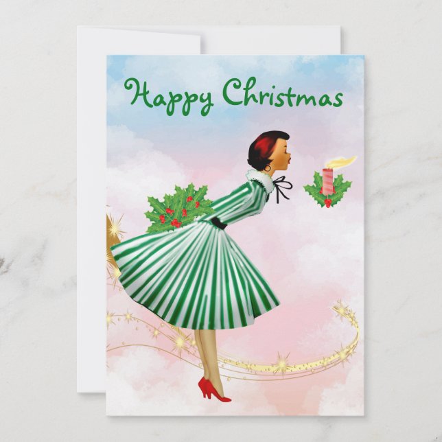 Tarjeta Festiva Mujer navideña de época de 1950 (Anverso)