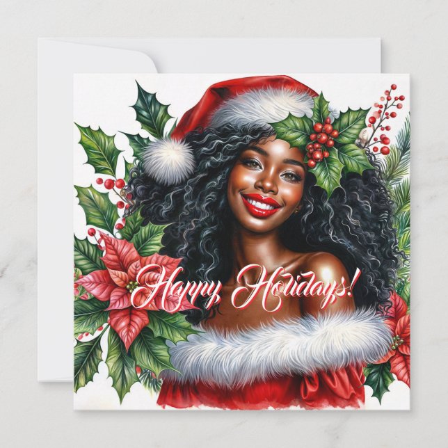 Tarjeta Festiva Mujer negra sonriente Felices Fiestas (Anverso)