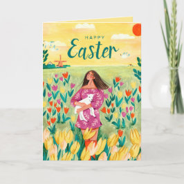 Tarjeta Festiva Mujer primaveral linda en campo de tulipanes Pascu